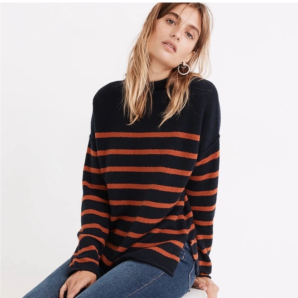 Madewell | Navy Rust Striped Whitworth Mockneck Wool Alpaca Blend Sweater XS